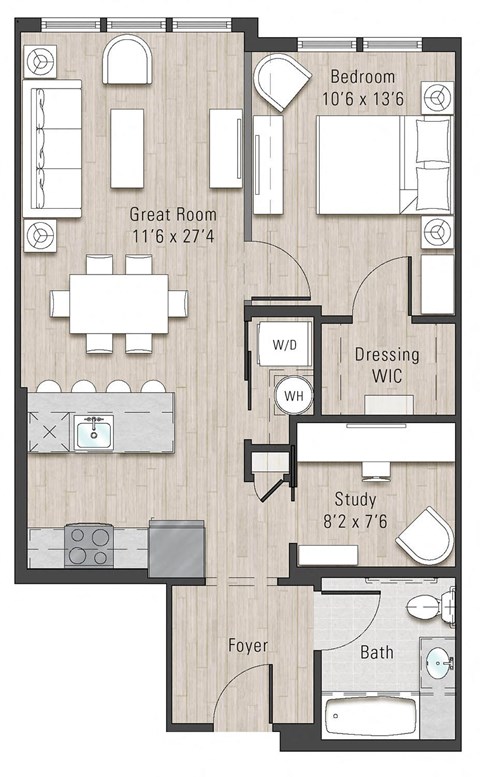Floor plan for 1 bed, 1 bath, 755 sqft